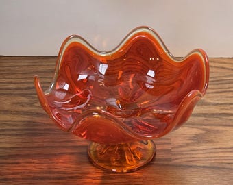 Viking Persimmon Swung Glass Bowl - Epic 6-Petal Footed Dish - MCM Amberina Orange Art Glass