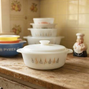 Candle Glow 1 Quart Fire-King Casserole Dish with Lid, Vintage Milk Glass Bakeware