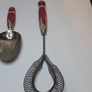 Red Handle Kitchen Utensil Set, Curated Collection of 5, Primitive Farmhouse Decor, Red Wood Handle Masher & Whisk, Rustic