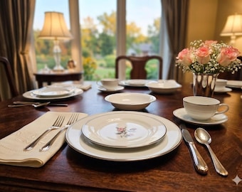 Noritake Rossina Dinnerware Set | 28-Piece Service for 4, Platinum Trim China (Pattern 5789)