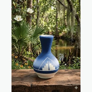 May include: A blue and white ceramic vase with a geometric design. The vase has a tall, slender neck and a rounded body. The design features white shapes against a blue background. The vase is displayed on a wooden surface.