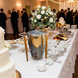 May include: A stainless steel coffee urn with wooden handles stands on a white lace-covered table. Surrounding the urn are white ceramic coffee cups, saucers, small cream pitchers, and various dessert platters featuring cakes and fresh fruit.