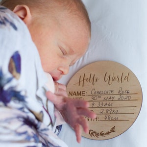Hello World Birth Announcement - Wooden Birth Announcement Disc - Name Plaque