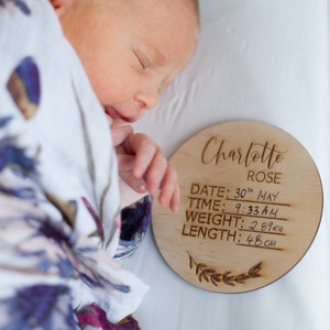 Personalised  Birth Announcement - Wooden Birth Announcement Disc - Name Plaque