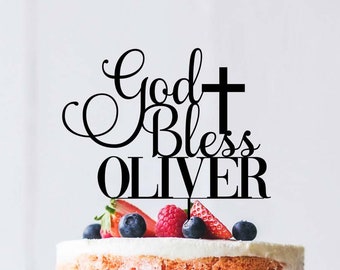 Personalized God Bless Cake Topper: Baptism, Christening Decor