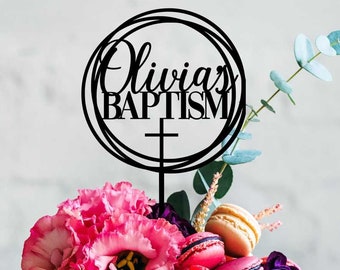 Personalized Baptism Cake Topper: Round Swirl, Acrylic or Wood
