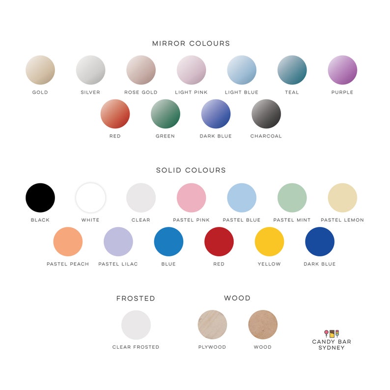May include: A chart of color options for a custom mirror. The chart includes mirror colors, solid colors, frosted colors, and wood colors. The colors are represented by circles with the color name written below each circle. The chart also includes the text "Candy Bar Sydney".