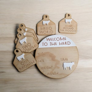 Welcome to our herd Birth Announcement - Wooden Birth Announcement Disc - Name Plaque with monthly milestones.