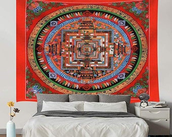 Indian Hippie Tapestry, Bohemian Psychedelic Mandala Wall Hanging Bedding Decoration Tapestry, Rectangle Palace in Circles with Intricate Pa