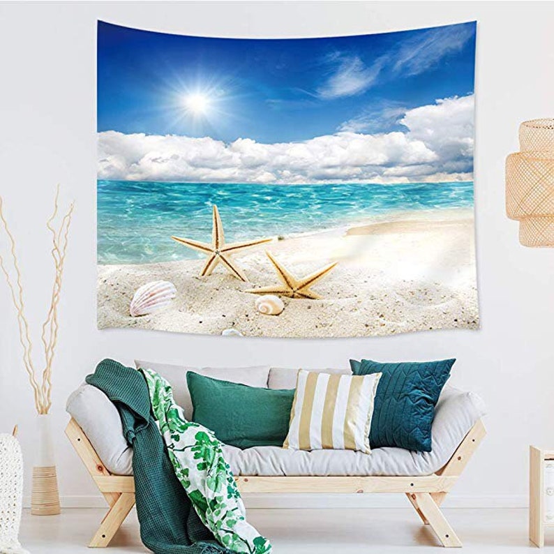 Nautical Ocean Tapestry Wall Hangings Blue Ocean and Starfish Etsy
