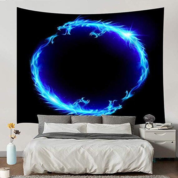 Blue Chinese Dragons Tapestry Tai Chi Yin Yang Chinese Dragons On Black Background Wall Hanging Wall Tapestry For Dorm Living Room Bedroom