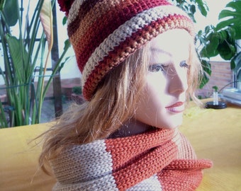 Women's hat with loop scarf, crocheted and knitted, beige-brown-bordeaux, handmade, 100% wool