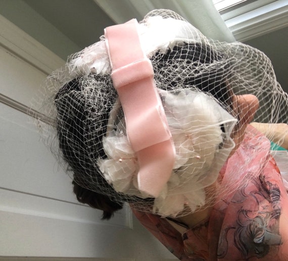 1940’s Veiled Pink Flower Calot Hat