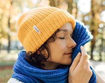 Yellow hand knit beanie, Wool knit hat, Handmade cute beanie, Winter hat, Ukrainian gift, Cozy hand knit beanie for women