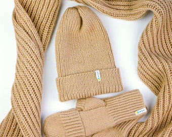 Knitwear set hat scarf fingerless mittens Camel ensemble made of beanie neck warmer and fingerless gloves Wool gift for her Ukrainian seller