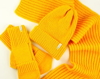 Cosy yellow knit set beanie, scarf & mittens - Handmade Gift, 7th Anniversary Present, Crocheted Hat, Neck Warmer and Fingerless Gloves