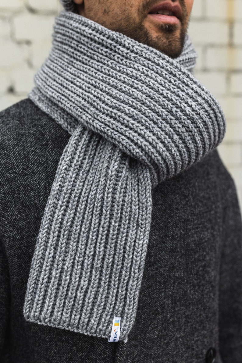 Hand Knitted Gray Scarf Long Scarf Handmade knit scarf Gift for him 7th anniversary gift Wool neck warmer image 1