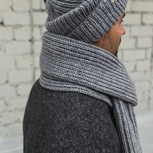 Hand Knitted Gray Scarf Long Scarf Handmade knit scarf Gift for him 7th anniversary gift Wool neck warmer image 2