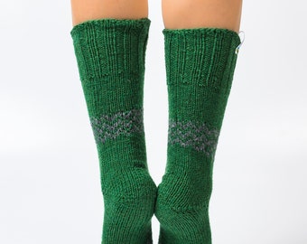 Hand-made cozy socks for a wool anniversary gift, Warm green knitted socks, Grey winter socks from Ukraine, Mens Valentine Socks, Leg Warmer