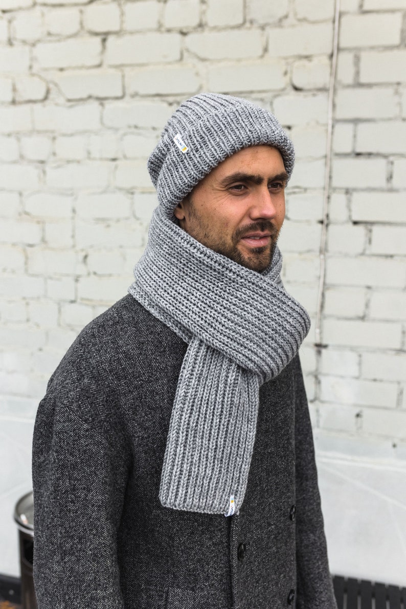 Hand Knitted Gray Scarf Long Scarf Handmade knit scarf Gift for him 7th anniversary gift Wool neck warmer image 6