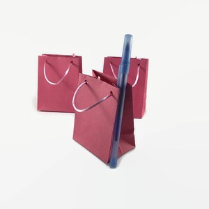 May include: Three small pink paper gift bags with white handles. A blue pen is standing upright in the center bag.