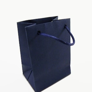 May include: A dark blue paper gift bag with a rope handle.