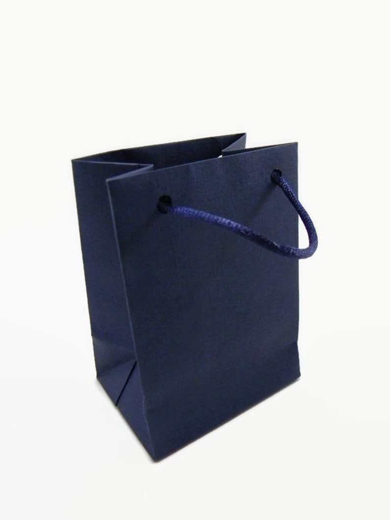 May include: A dark blue paper gift bag with a rope handle.