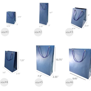May include: Six different sizes of blue paper gift bags with blue rope handles and gold accents. The bags are labeled with their size number and measurements in inches.