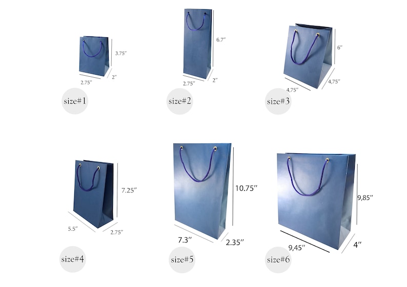 May include: Six different sizes of blue paper gift bags with blue rope handles and gold accents. The bags are labeled with their size number and measurements in inches.