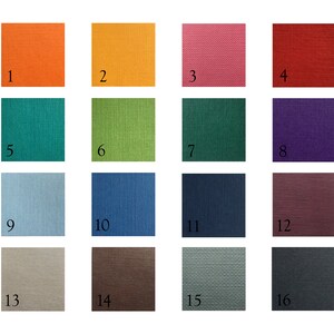 May include: A color chart with 16 different fabric swatches. The swatches are arranged in four rows of four. The swatches are numbered 1 through 16. The swatches are in a variety of colors, including orange, yellow, pink, red, green, blue, brown, and gray.