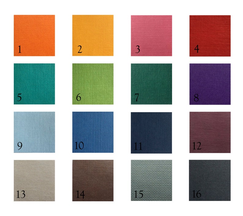 May include: A color chart with 16 different fabric swatches. The swatches are arranged in four rows of four. The swatches are numbered 1 through 16. The swatches are in a variety of colors, including orange, yellow, pink, red, green, blue, brown, and gray.