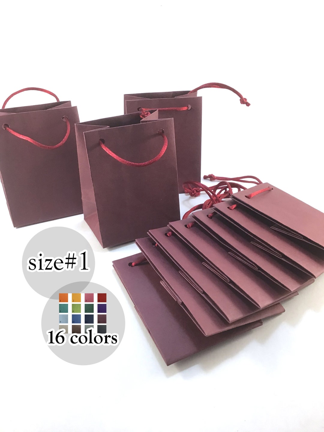 10 Extra Small Gift Paper Bags With Rope Handles, Burgundy Matte Paper