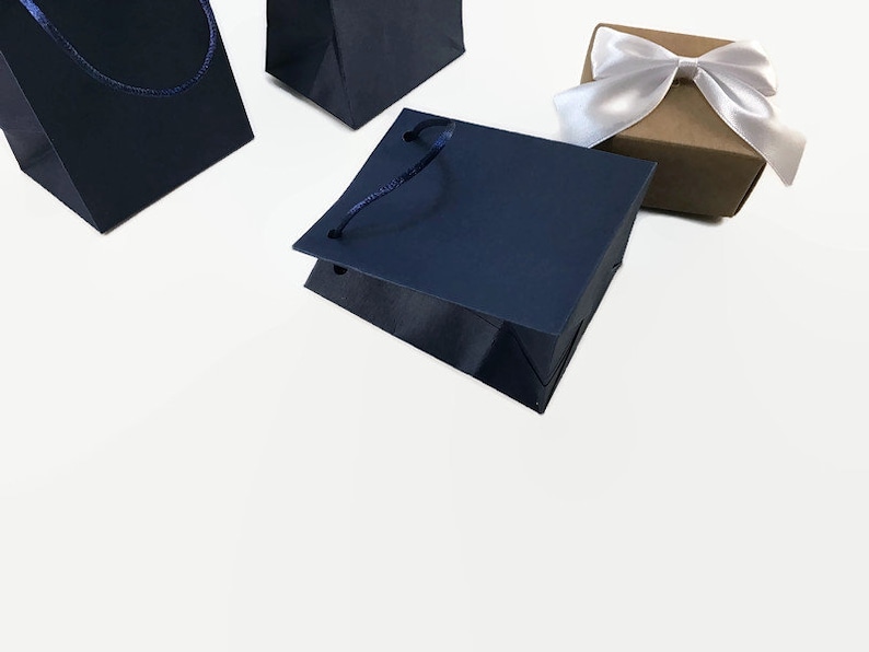 May include: Three gift bags, two are navy blue with dark blue rope handles, and one is brown with a white satin bow.