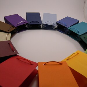 May include: A circle of colorful paper gift bags with string handles. The bags are arranged in a rainbow pattern, starting with brown, purple, blue, light blue, dark blue, teal, green, yellow, orange, and red.