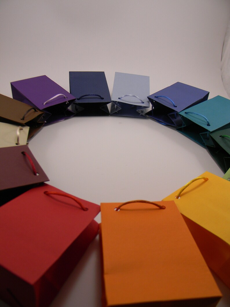 May include: A circle of colorful paper gift bags with string handles. The bags are arranged in a rainbow pattern, starting with brown, purple, blue, light blue, dark blue, teal, green, yellow, orange, and red.
