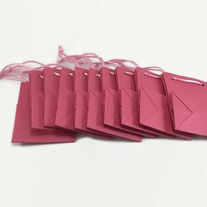 May include: Ten small pink paper gift bags with pink ribbon handles. The bags are folded flat and stacked on top of each other.