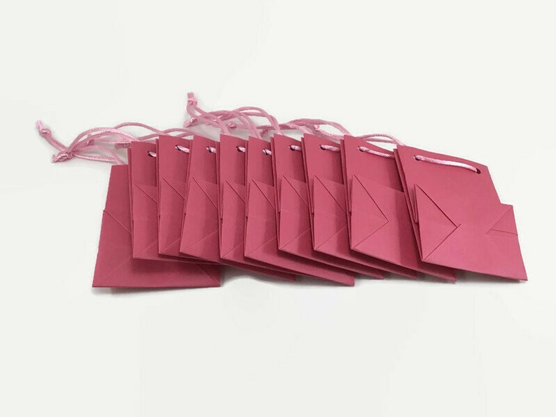 May include: Ten small pink paper gift bags with pink ribbon handles. The bags are folded flat and stacked on top of each other.