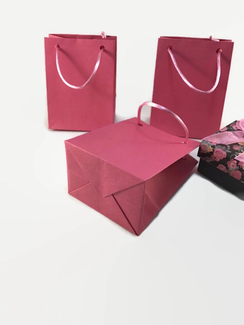 May include: Three pink paper gift bags with white ribbon handles. The bags are on a white surface.