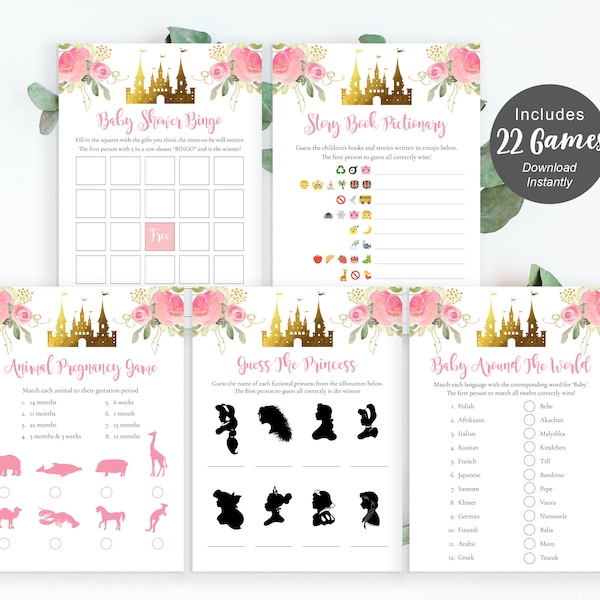 Princess Baby Shower Games, Fairytale Games Pack, Girl's Shower Games, Baby Bingo, Printable Games Pack, Pink and Gold, Instant Download