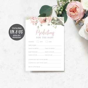 Dusty Pink Voorspellingen voor Baby Card, Greenery Shower Prediction Card, Baby Shower Games, Girl's Baby Shower, UK & US English