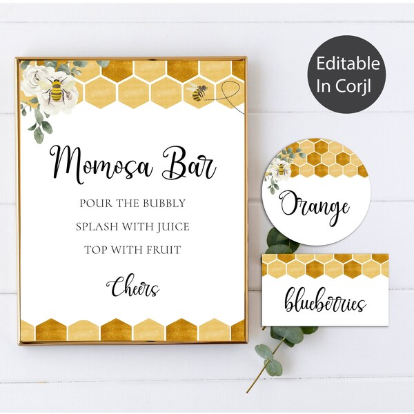 Editable Bee Momosa Bar Set, Baby Shower Mimosa Sign, Mumosa Bar Sign, Bee Baby Shower Decor, Mimosa Bar Tags, Mimosa Bar Labels, SET71