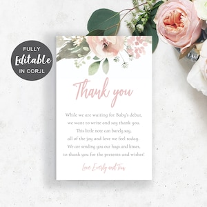 EDITABLE Dusty Pink Thank You Note, Baby Shower Thank You Card, Girl's Baby Shower, Pink Floral Thank You Card, Printable Baby Shower