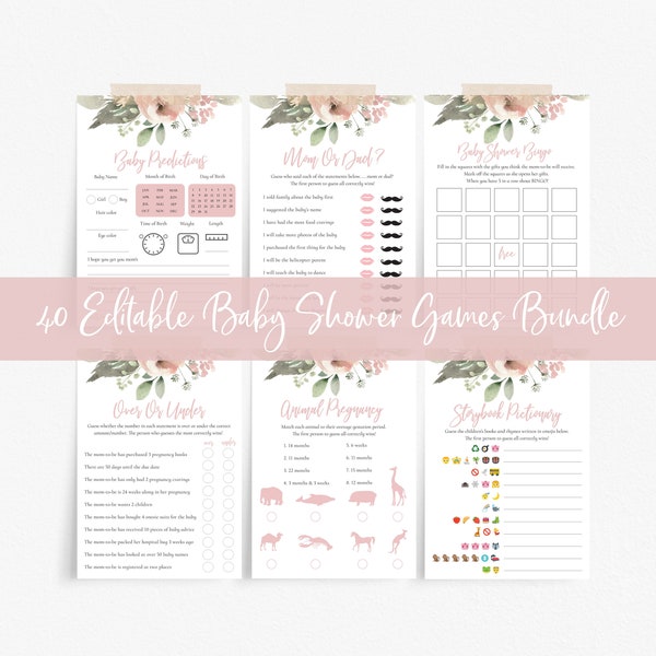 Dusty Pink Baby Shower Games, Greenery Shower Games Pack, Virtual Baby Shower Games, Printable Shower Games, Baby Shower Bingo, Set 444