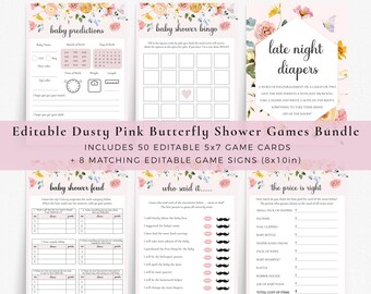 Editable Dusty Pink Butterfly Baby Shower Games, Girls Baby Shower Games Bundle, Butterfly Baby Shower Games Pack, SET39