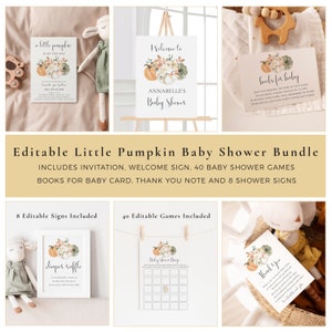 Editable Little Pumpkin Baby Shower Bundle, Fall Baby Shower Pack, Pumpkin Baby Shower Games Bundle, Pumpkin Thank You, Fall Shower Bingo