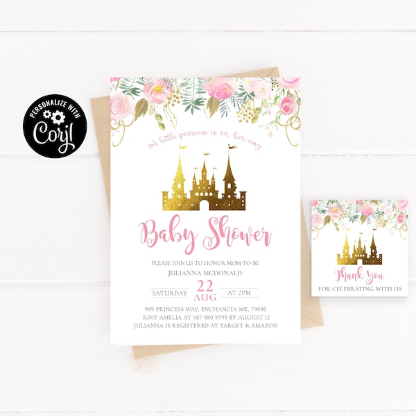 Gold Princess Baby Shower Invitation, Fairytale Baby Shower, Princess Castle Baby Shower, Girl's Baby Shower, Pink and Gold, Royal Invite