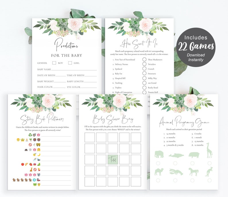 Greenery Baby Shower Games Pack, Succulent Shower Games Bundle, Girls Baby Shower Games, Printable Games, Instant Download, SET221 image 1