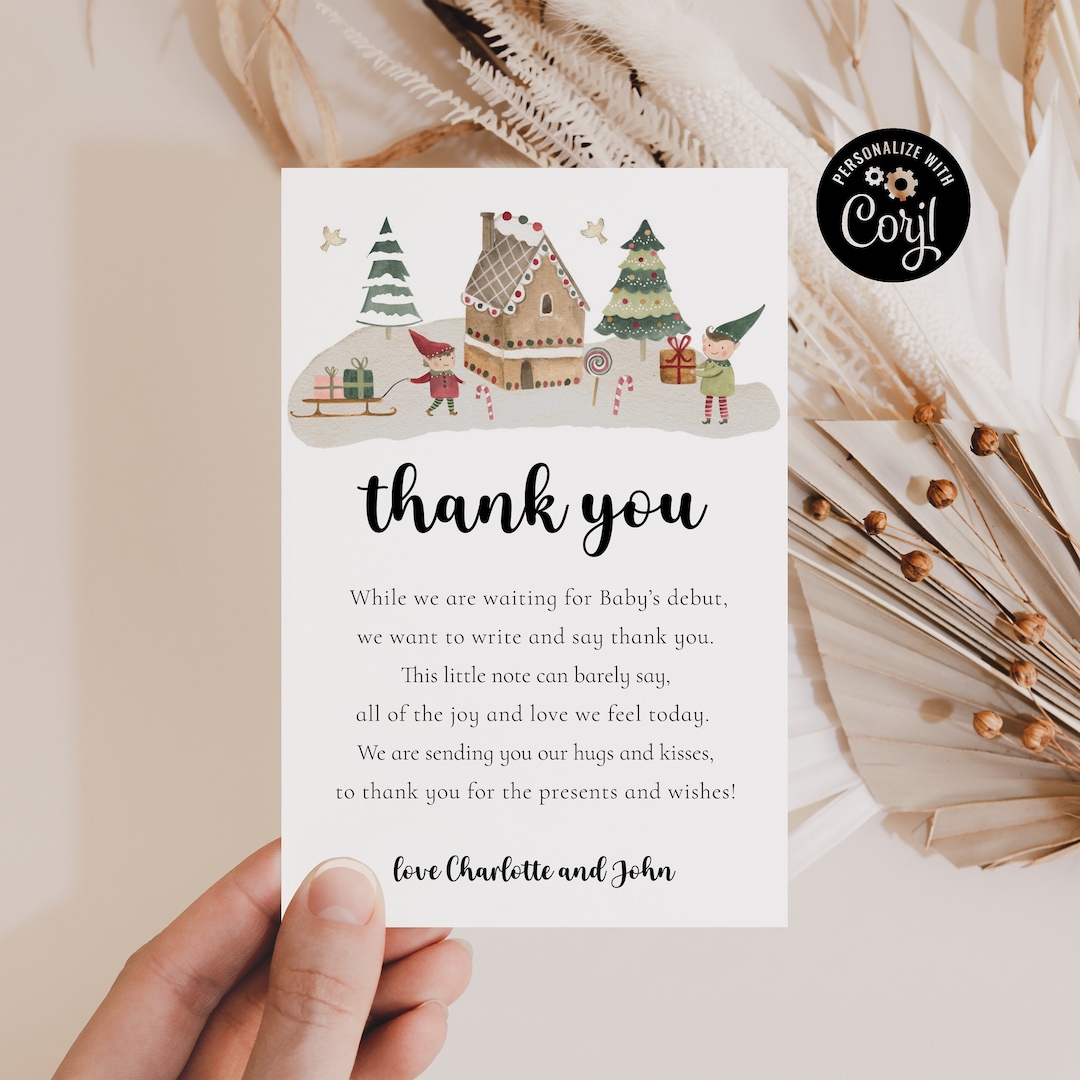 Editable Thank You Note, Christmas Baby Shower Thank You Card, Merry Little Baby Thanks, Virtual