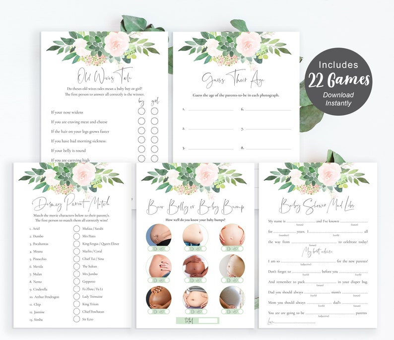 Greenery Baby Shower Games Pack, Succulent Shower Games Bundle, Girls Baby Shower Games, Printable Games, Instant Download, SET221 image 3