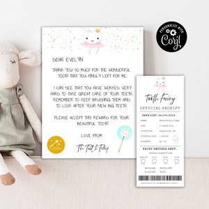 Editable Tooth Fairy Note, Tooth Fairy Letter, Tooth Fairy Receipt, Tooth Fairy Printable, First Tooth Certificate, Girl&#39;s Tooth Fairy Note